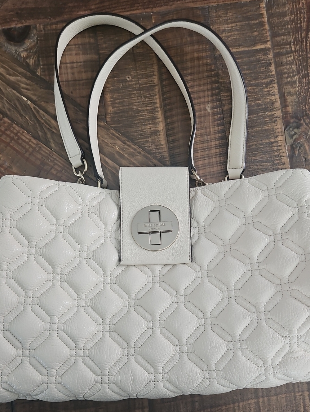 kate spade White Quilted Leather Tote with Turn-Lock Accent